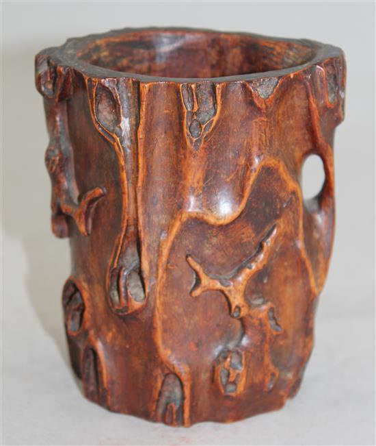 A Chinese huanghuali tree bough shaped brush pot, 18th / 19th century, 12.5cm